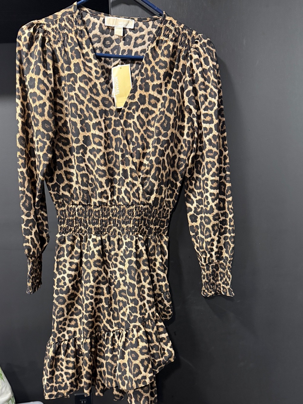Michael Kors Leopard Print Long Sleeve Smocked Waist Dress - Brown Black